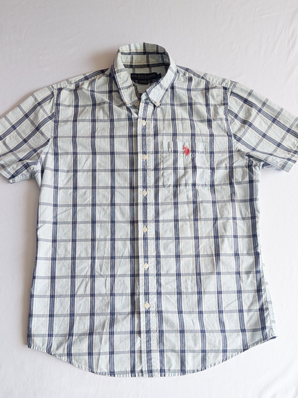 Us Polo Association Blue And White Button Up Short Sleeve Mens Medium  *See Desc